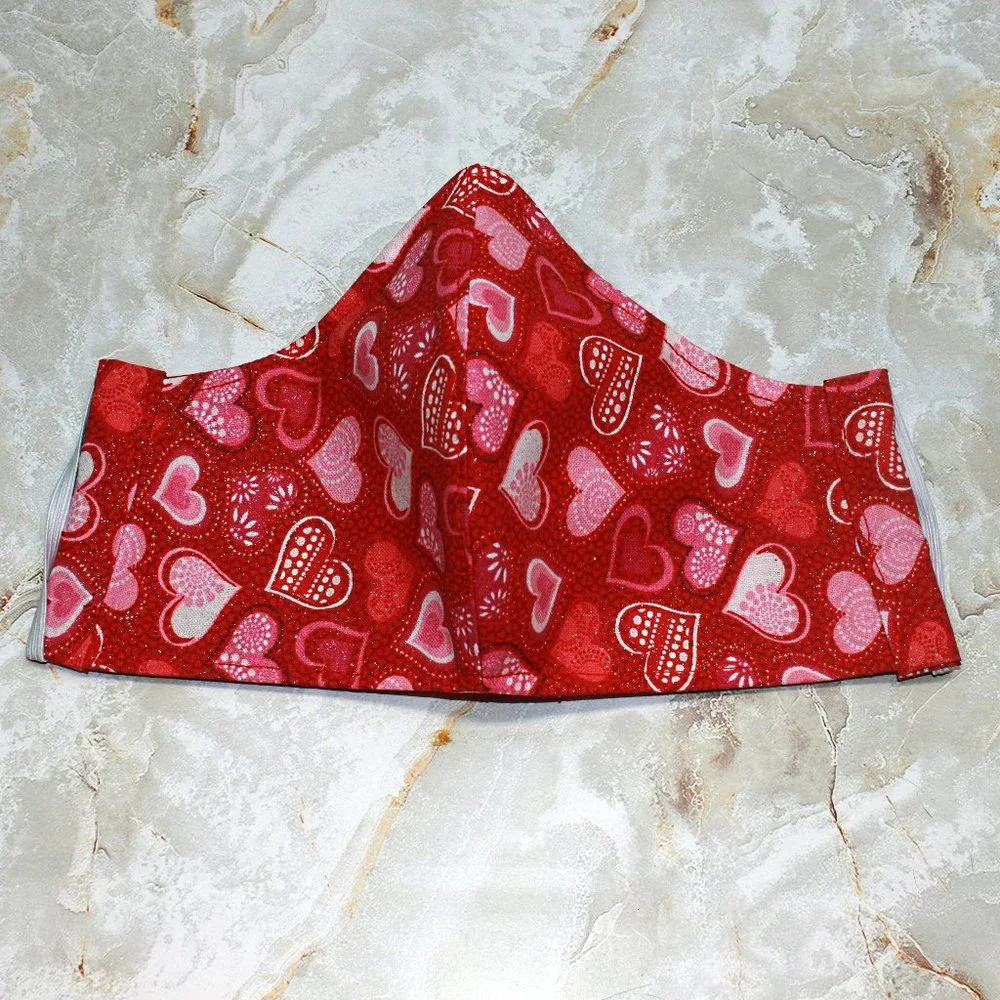 HAND CRAFTED Face Mask Hearts Red Adult Cloth Fabric Print - Shield Style